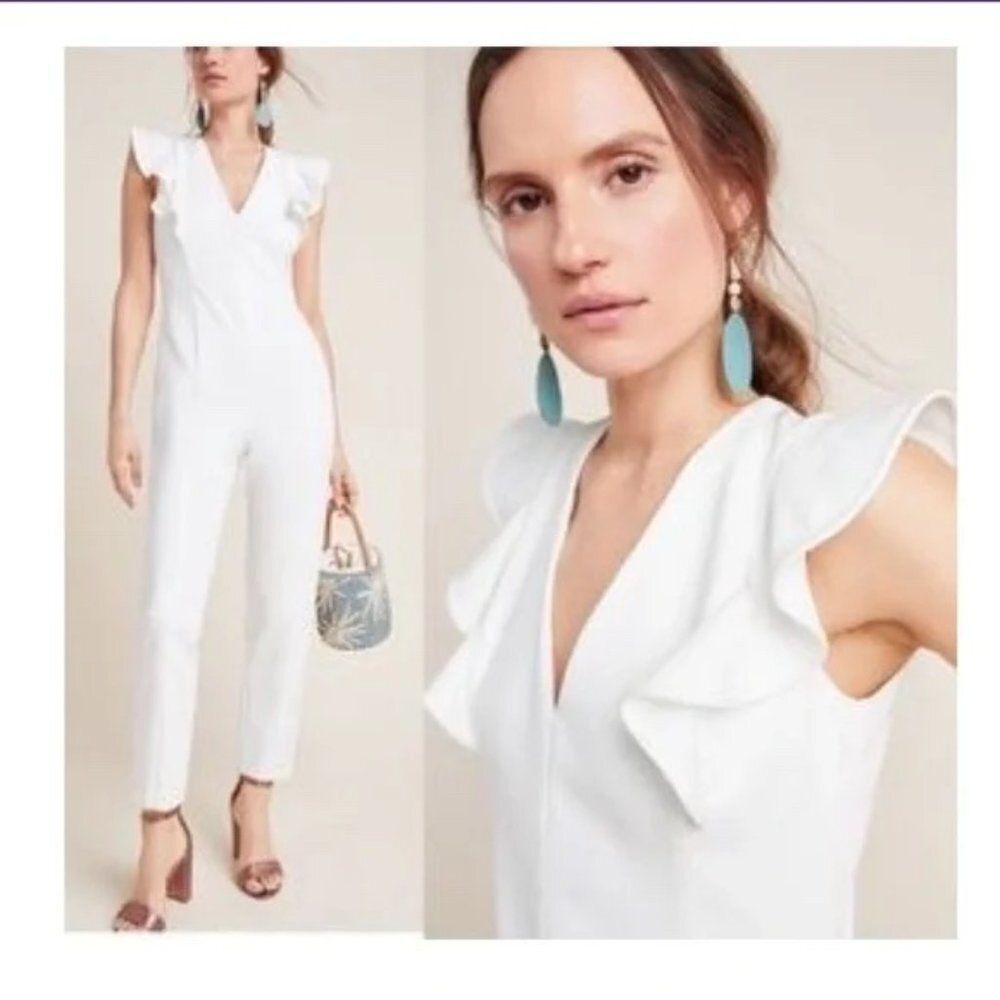 BLACK HALO NWT White Deklyn Ruffle Jumpsuit Straight Leg Cropped